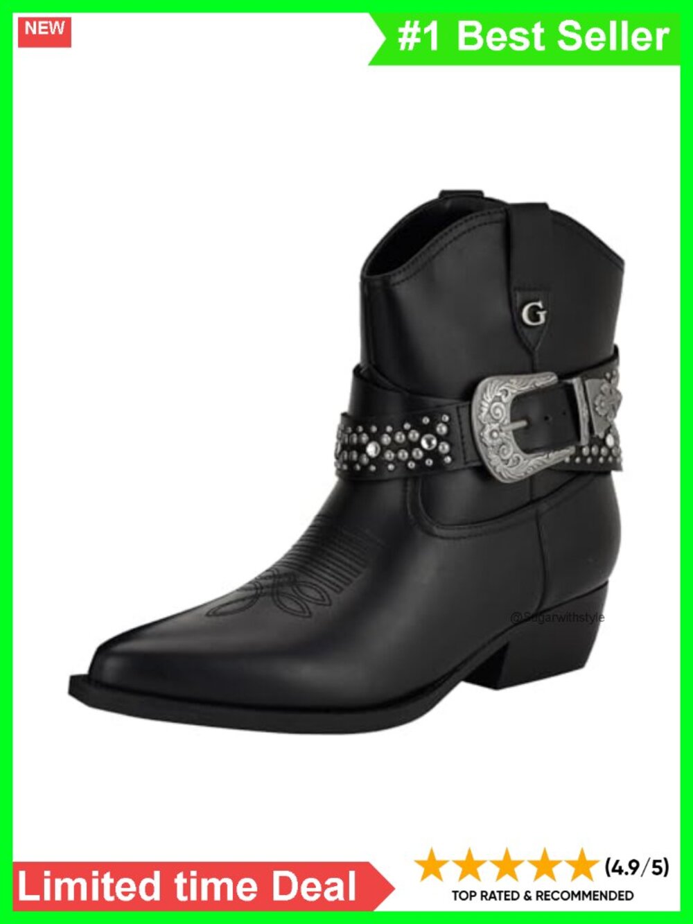 Studded Buckle Faux-Leather Booties with Embroidered Detailing